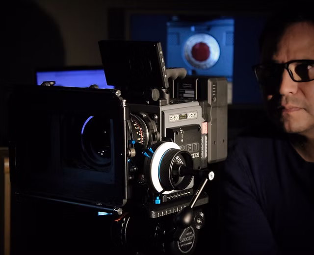 Javier A. Duenas seated beside a cinema camera